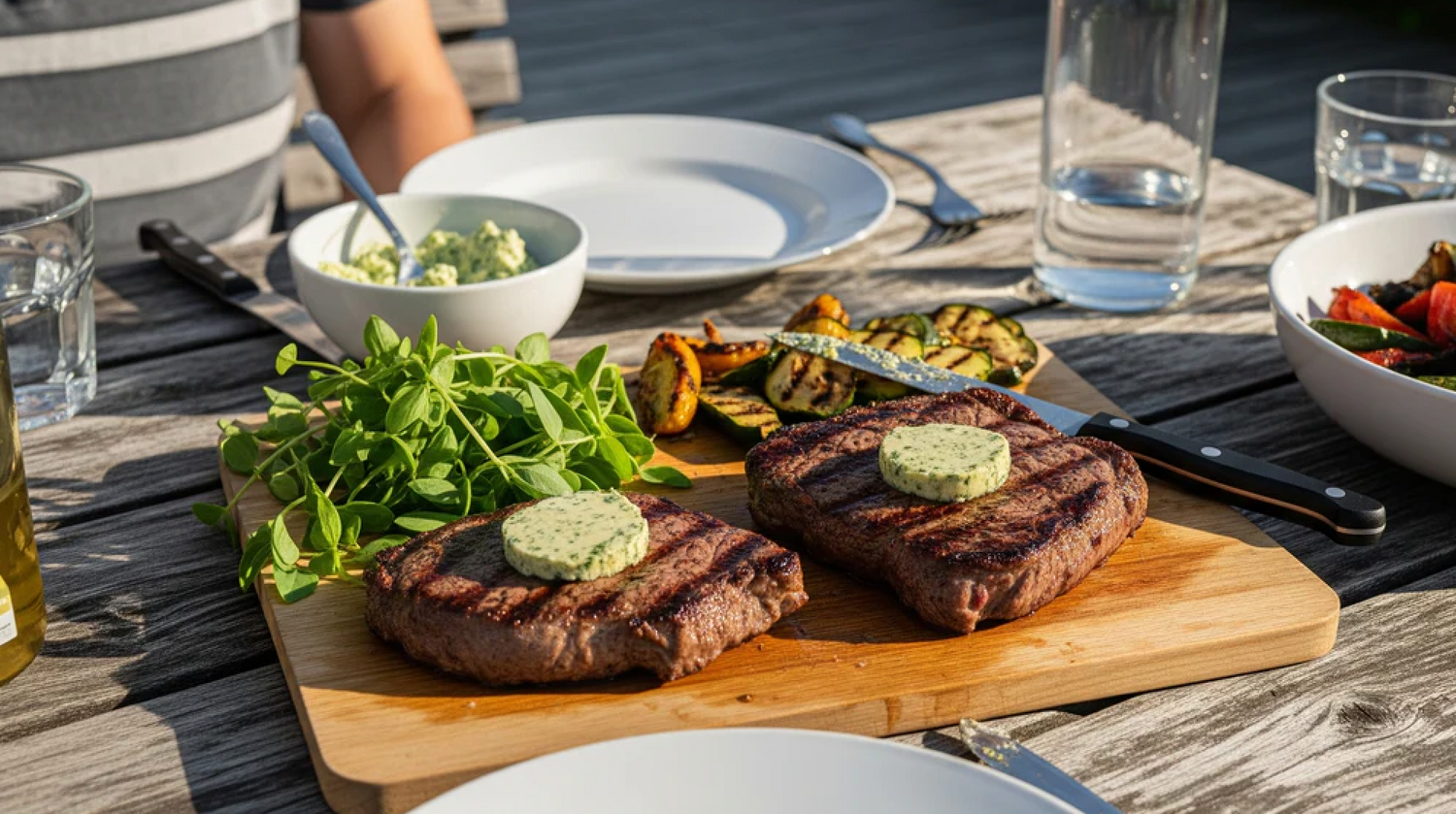 GRILLEDE STEAKS MED KRYDDERSMØR OG GRØNT TILBEHØR