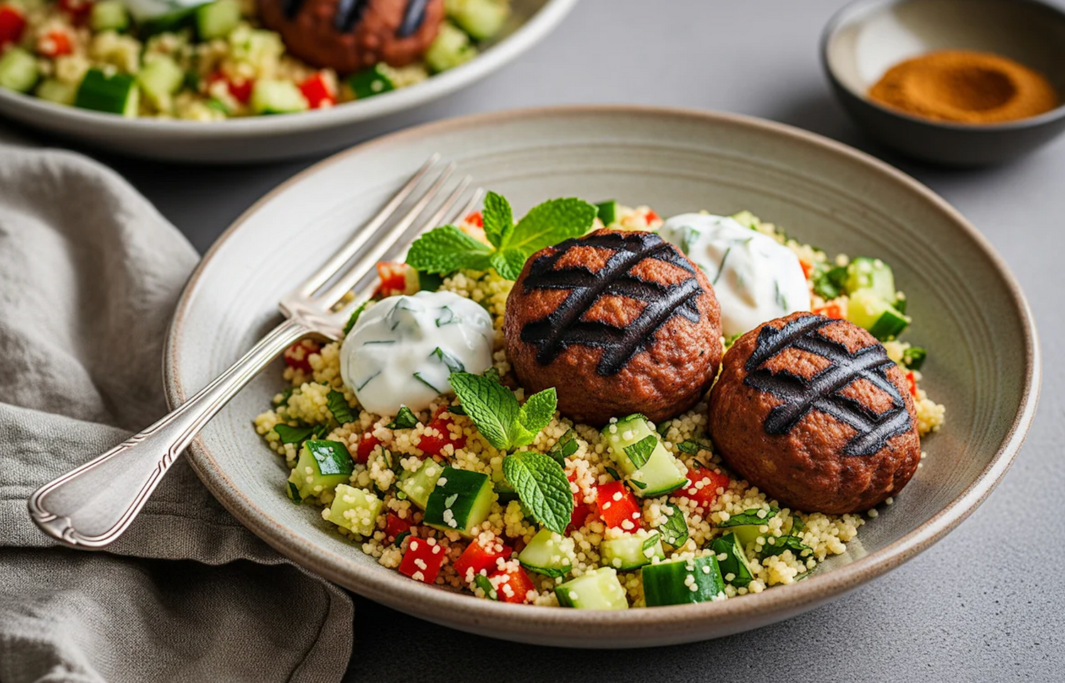 Grillede Marokkanske Kødboller med Couscoussalat og Yoghurtdressing