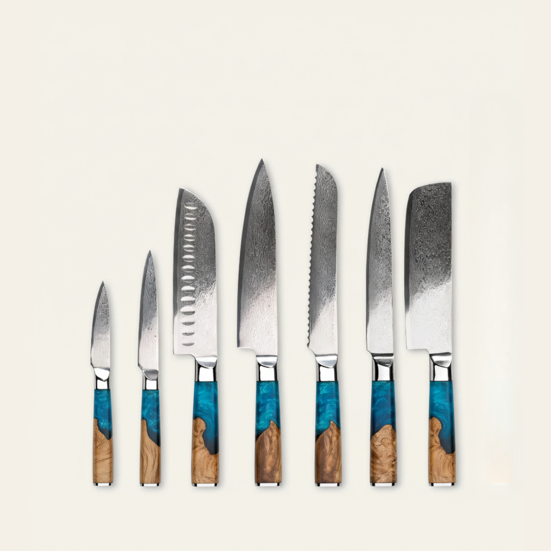 Kirlund™ Premium Knivsæt med syv Damaskus knive og komposithåndtag
