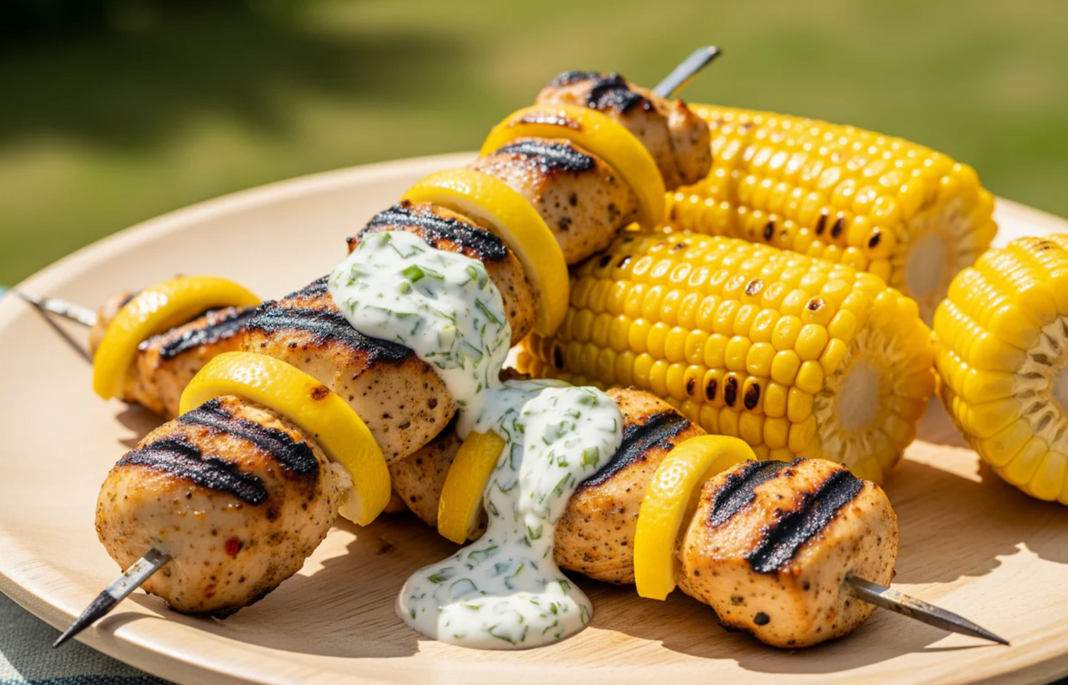 Citronmarinerede Kyllingespyd med Grillet Majs og Frisk Urtecreme