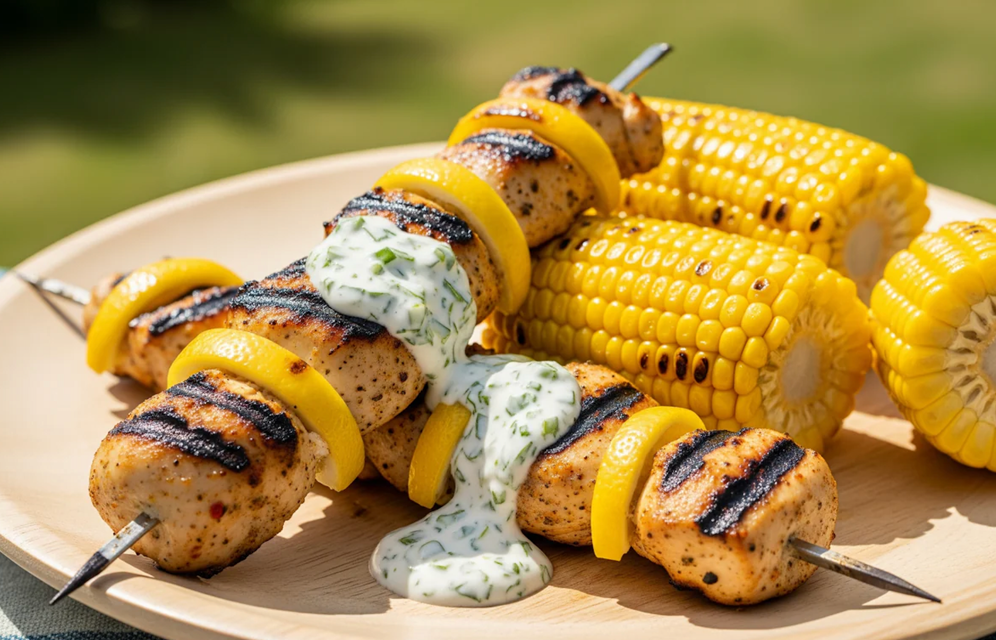 Citronmarinerede Kyllingespyd med Grillet Majs og Frisk Urtecreme